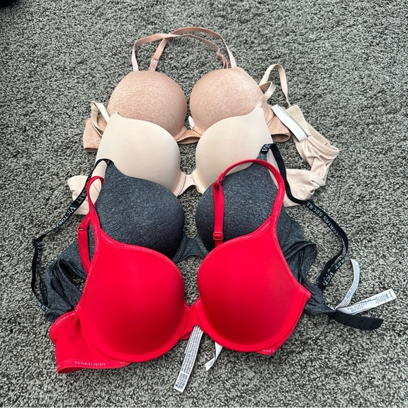 Victoria’s Secret T Shirt Bra 34B Lot of Four (4) Red, Gray, Nude - Picture 1 of 2